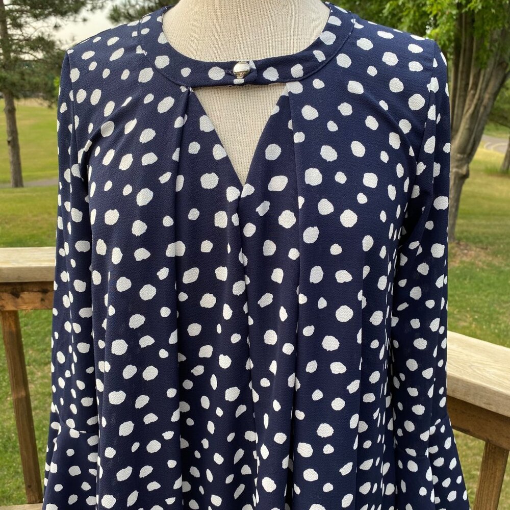 Navy Blue Polka Dots Mini Dress Tunic Top Women Size M  Bell Long Sleeve Cut Out - Picture 10 of 15